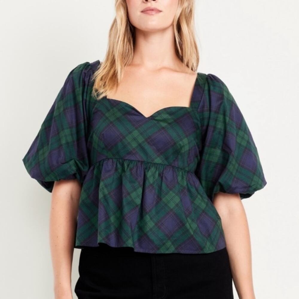 Old Navy green plaid Puff-Sleeve Plaid Poplin
Peplum Top